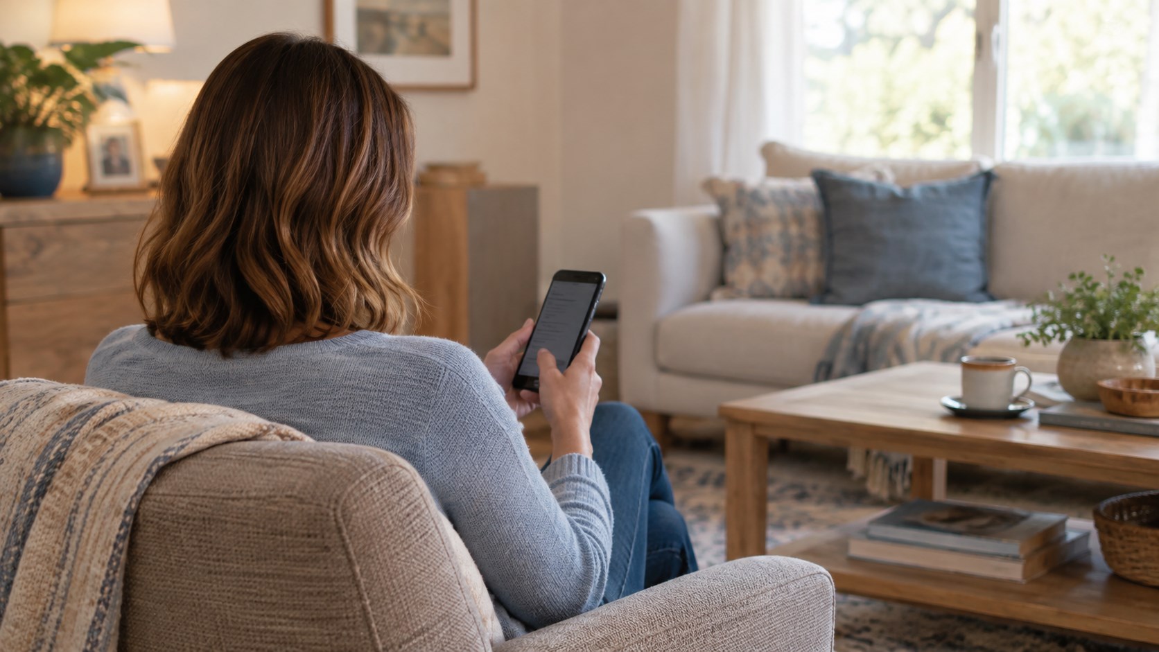 A customer at home viewed from behind, with her face kept private.