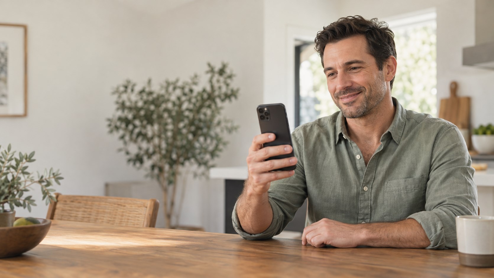 Michael, an invited guest, joining a video conversation from his kitchen.