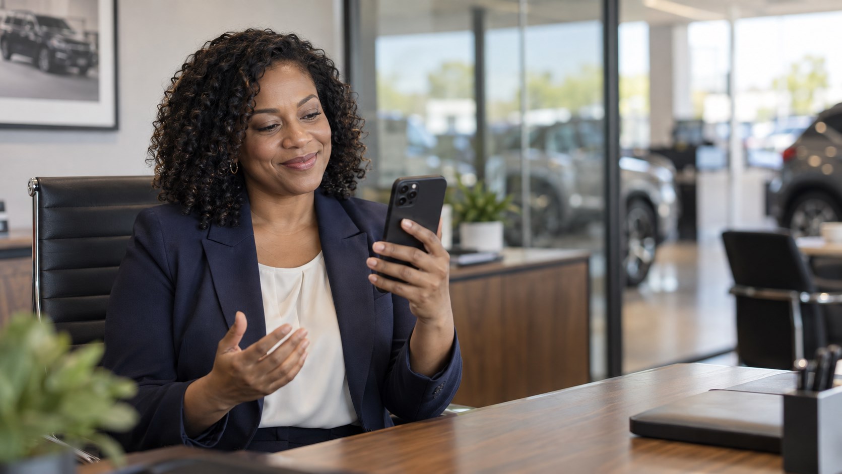 A dealership finance manager answering a customer on her phone.
