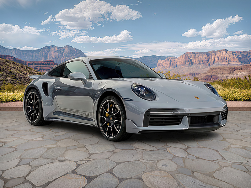 The same Porsche presented against a canyon landscape.